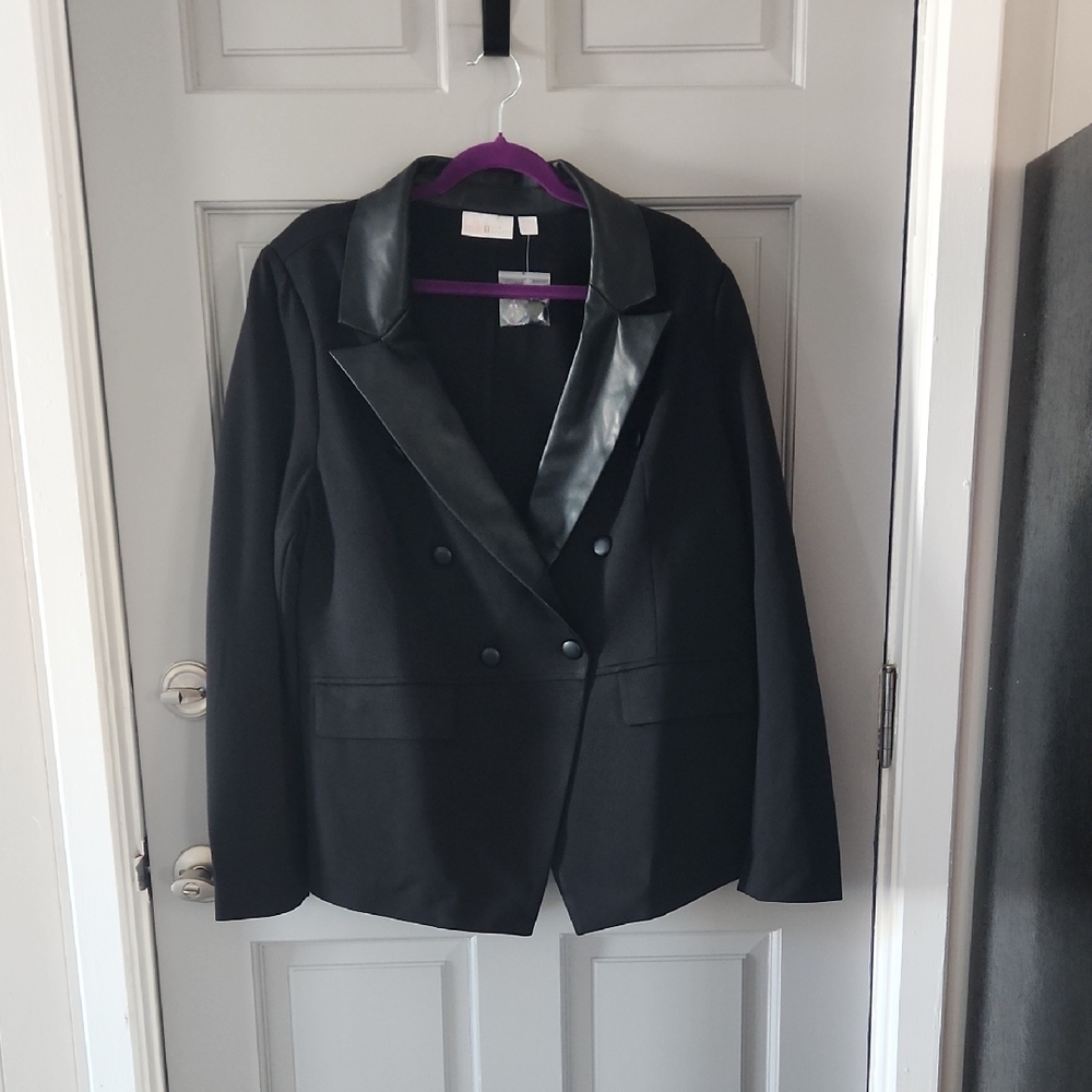 Belle by Kim Gravel Black Faux Leather Lapel Tuxedo Blazer Sz. 1X